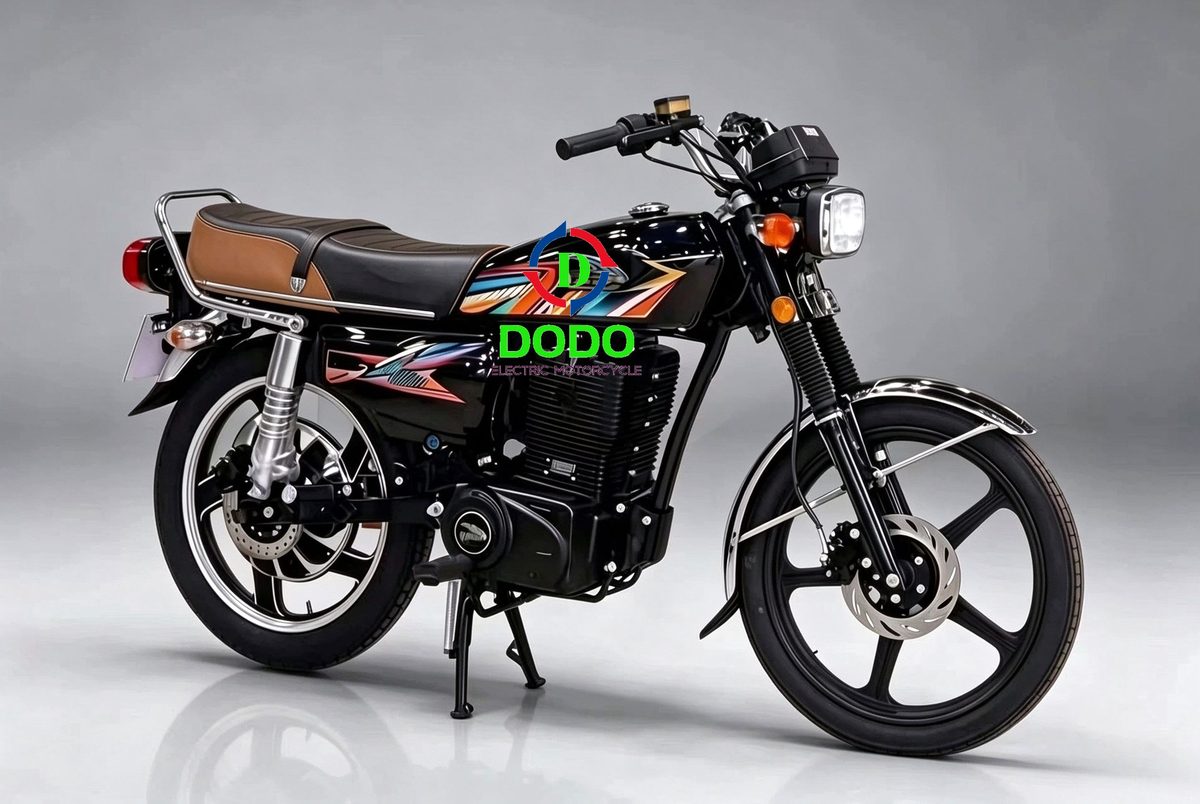 DODO electric CG125-style motorcycle, black with brown seat