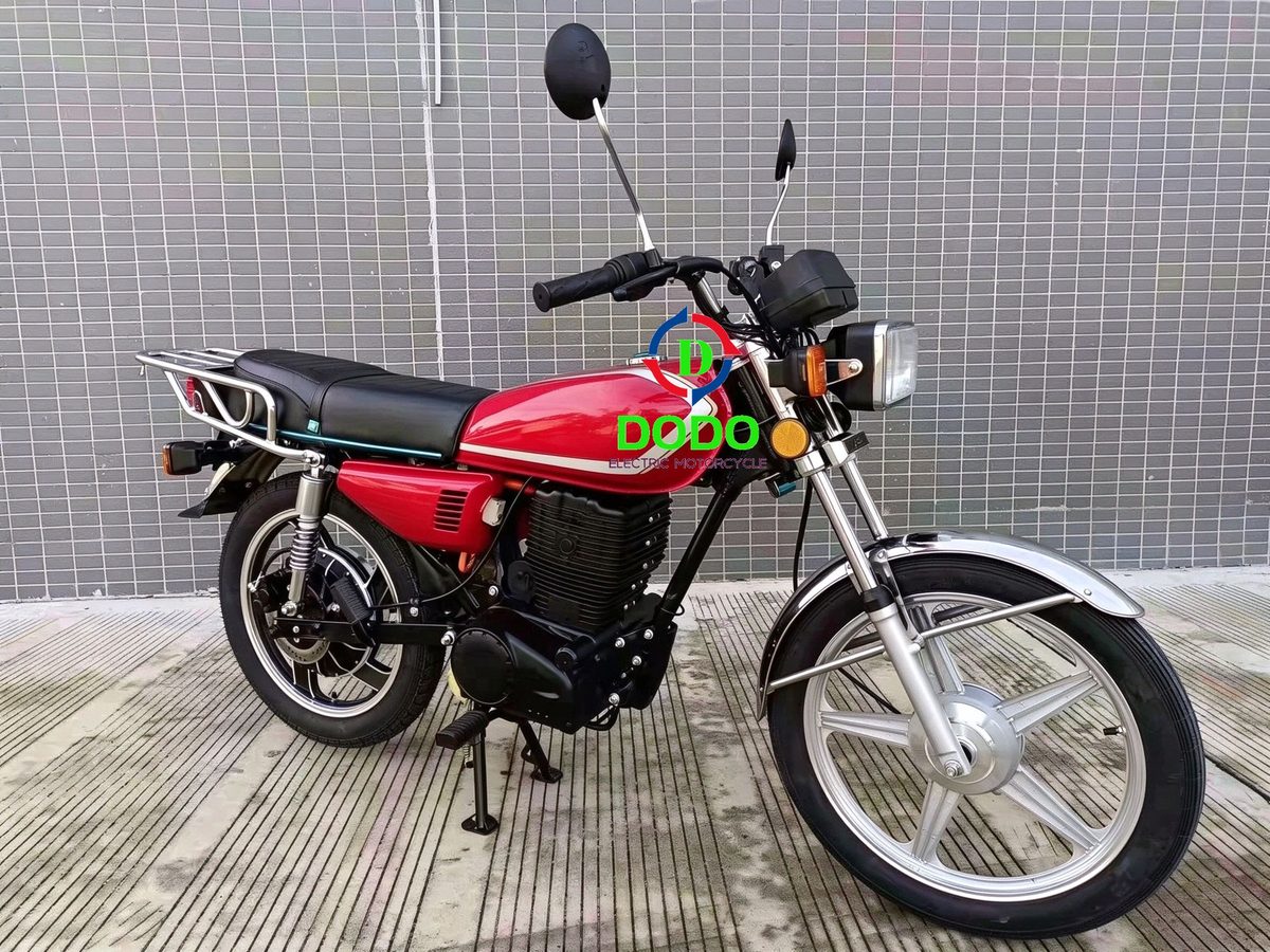 Red DODO electric CG125-style motorcycle, front angle