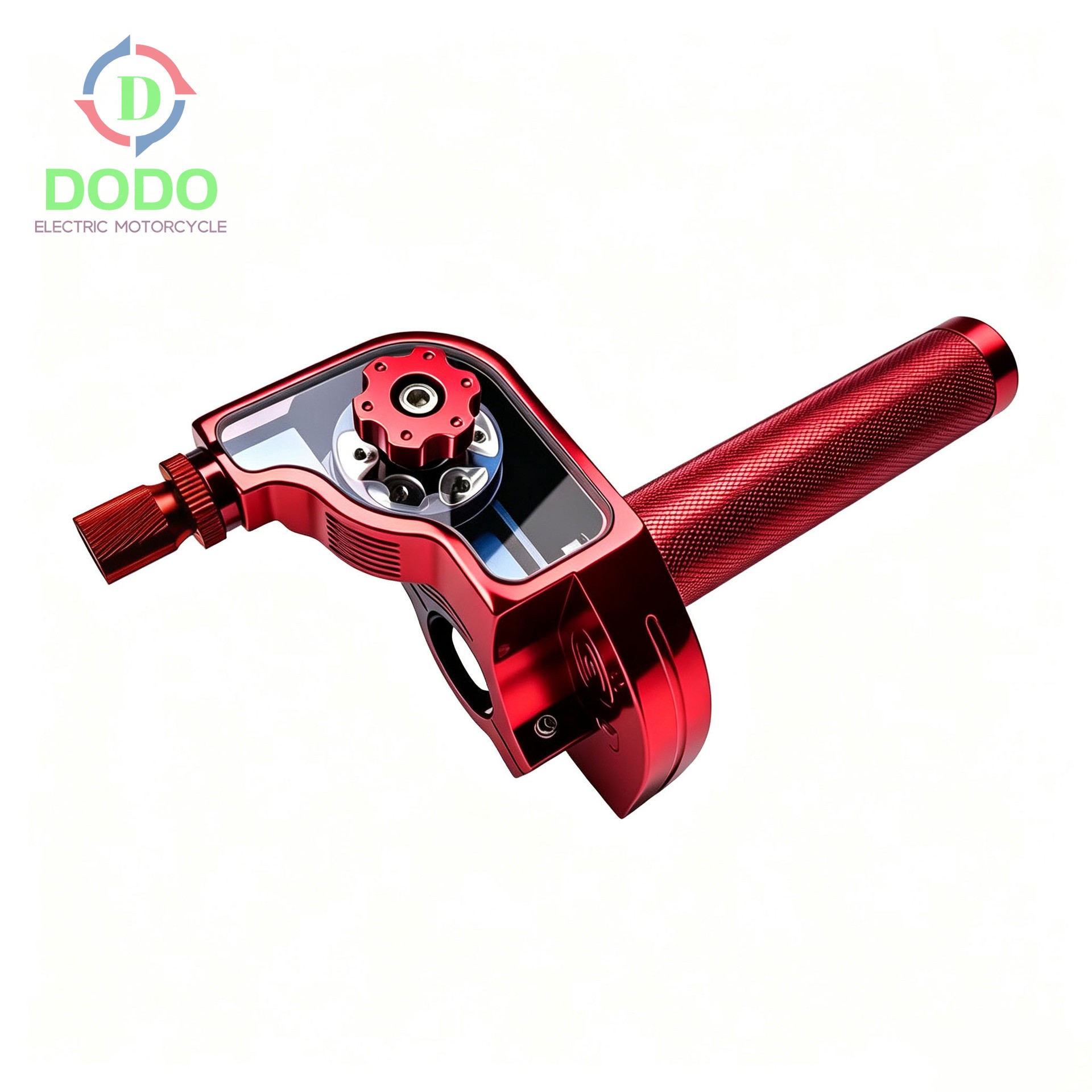 Red anodized finish close-up showing transparent gear cover